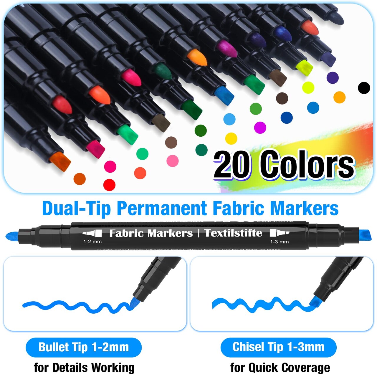 Dual Tip Fabric Markers Permanent for Clothes, 20 Colors Fabric Decorating Paint Pens for Kids, T-Shirt Shoe Markers for Sneakers Clothing Canvas Textile Bibs Coloring Book (Chisel & Fine Tip)